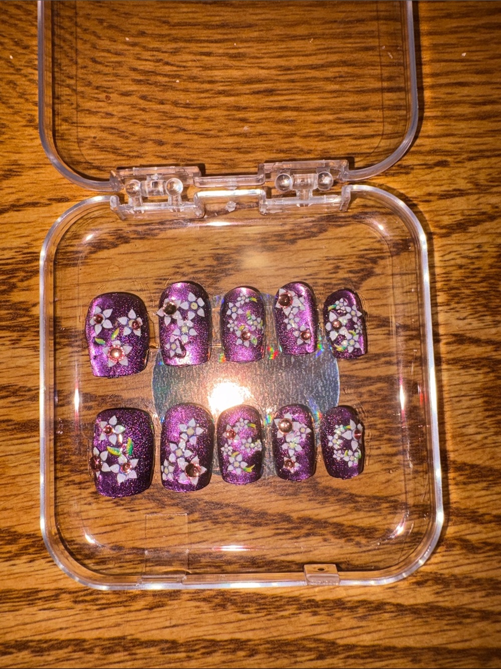 Press-On Nails - Iridescent Purple Floral Design